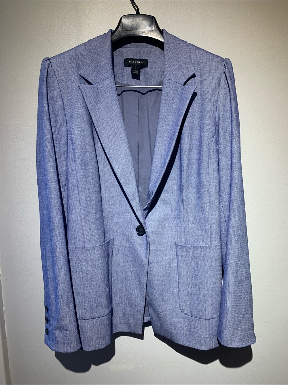 Halogen Medium Light Blue One Button Women’s Blazer with shoulder detail